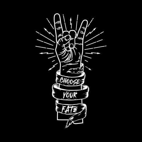 Hand making a 'rock on' gesture with a ribbon reading 'Choose Your Fate'