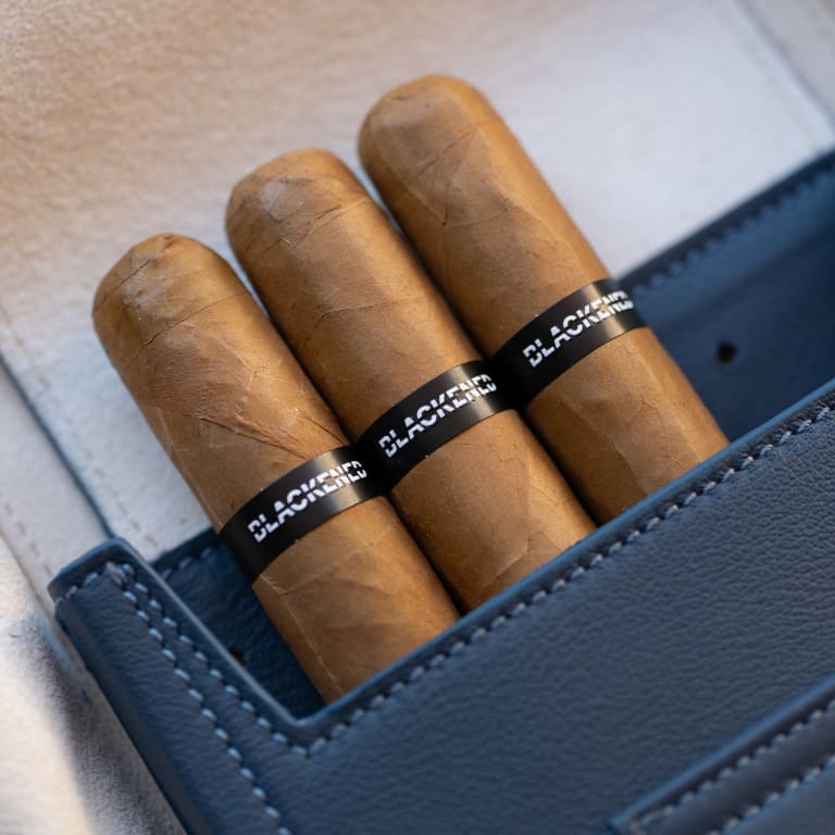 3 blackened cigars in a blue leather case