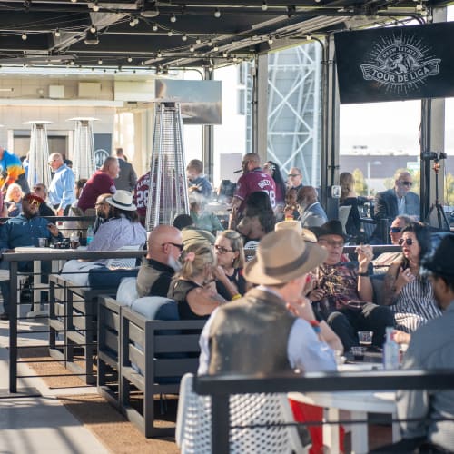 A group of people socializing at tables set up on the grass during a lively outdoor event