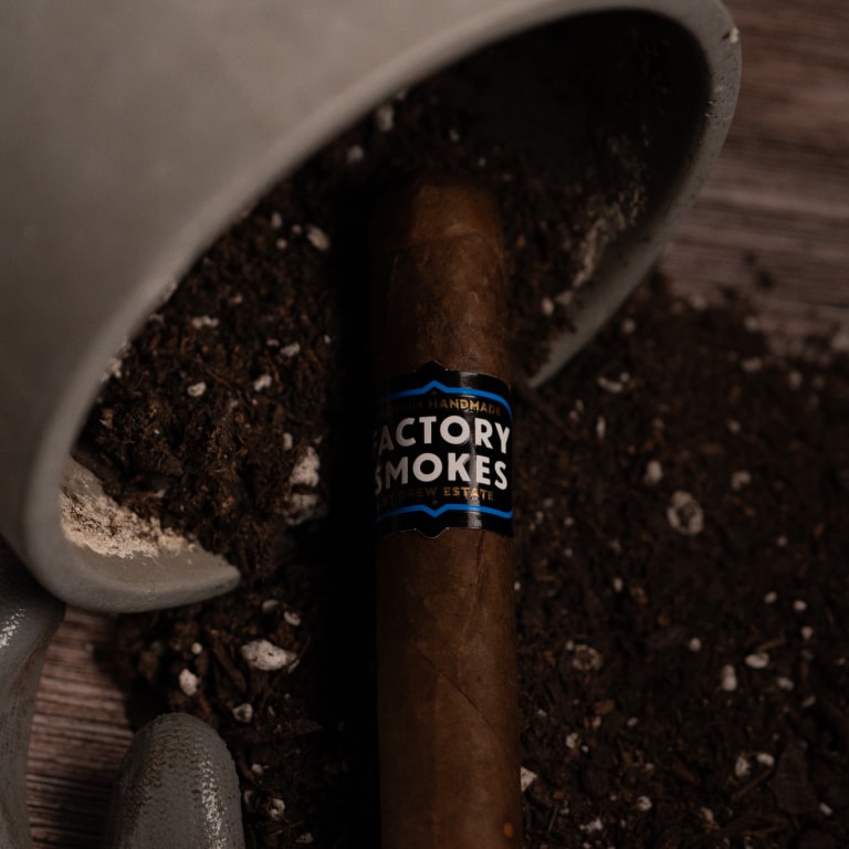 Factory Smokes Sun Grown cigar with a pot for planting plants and compost.