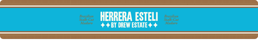 Cigar band for Herrera Estelí by Drew Estate, featuring a blue and brown design with text 'Brazilian Stalk-Cut Maduro.'