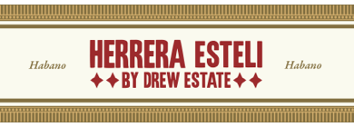 Cigar band for Herrera Estelí by Drew Estate with a cream and gold design, featuring the word 'Habano' and red text