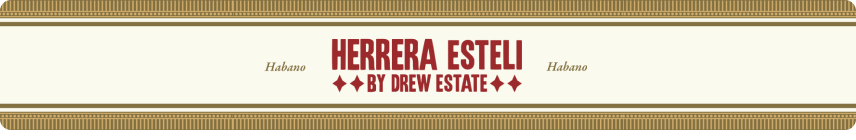 Cigar band for Herrera Estelí by Drew Estate with a cream and gold design, featuring the word 'Habano' and red text.