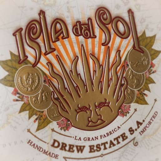 Label for Isla del Sol by Drew Estate, featuring a radiant sun with a face and golden coins