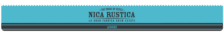 Nica Rustica Adobe cigar band featuring a minimalist teal and black design. The text reads 'The Pride of Estelí - Nica Rustica by La Gran Fabrica Drew Estate,' with 'Adobe' highlighted in bold blue on a black stripe.
