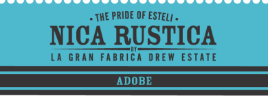 Nica Rustica Adobe cigar band featuring a minimalist teal and black design. The text reads 'The Pride of Estelí - Nica Rustica by La Gran Fabrica Drew Estate,' with 'Adobe' highlighted in bold blue on a black stripe