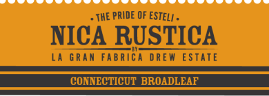 Cigar band for Nica Rustica Connecticut Broadleaf with orange and black design, featuring 'The Pride of Estelí' and 'La Gran Fabrica Drew Estate.'