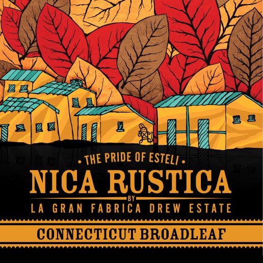 Nica Rustica cigars label, featuring colorful houses, tobacco leaves, and the text 'The Pride of Estelí, Connecticut Broadleaf
