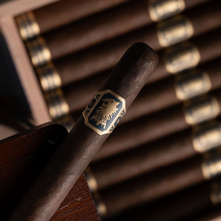 Close-up of an Undercrown Maduro cigar over a box of cigars