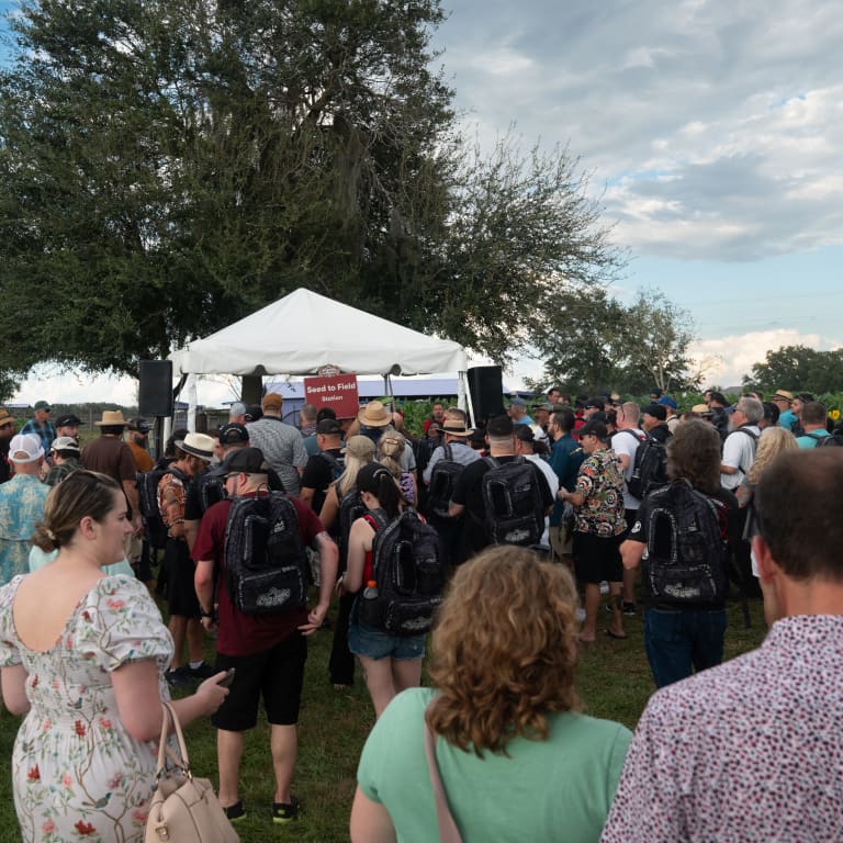 A diverse group of people gathered in a festival field, surrounded by white tents under a clear blue sky