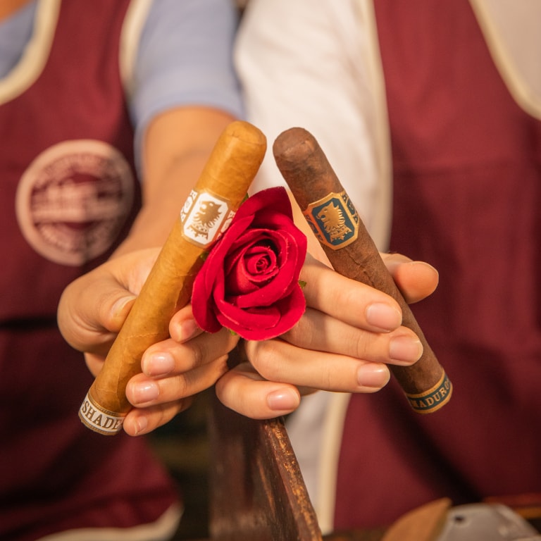 Two people holding Undercrown cigars and a red rose in their hands