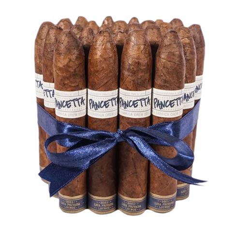 Bundle of Pancetta cigars tied with a blue ribbon