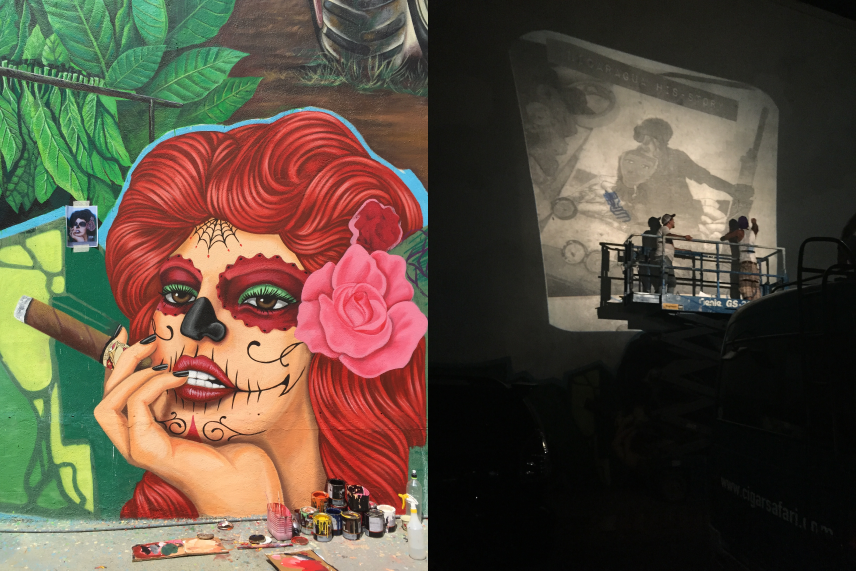 two images of a mural featuring a woman, and the other a man stands on a lift in front of a large projector screen.
