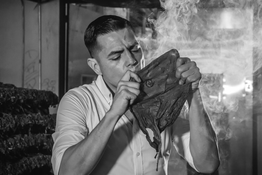 black and white image of a man blowing into a tobacco leaf
